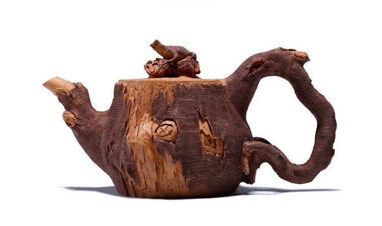 仿木外皮紫砂壺，創(chuàng)意木樁手工雕刻紫砂壺